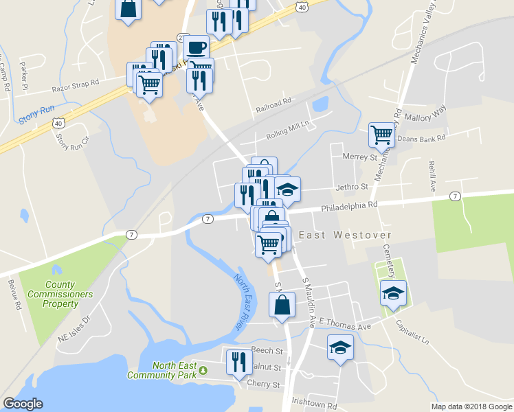 map of restaurants, bars, coffee shops, grocery stores, and more near 9 North Main Street in North East