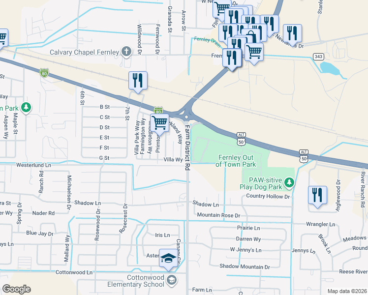 map of restaurants, bars, coffee shops, grocery stores, and more near 380 Parkland Way in Fernley