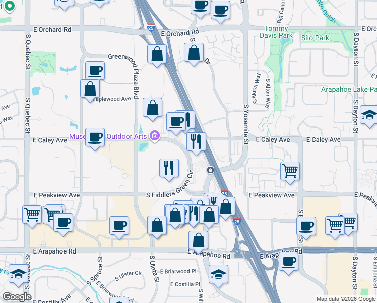 map of restaurants, bars, coffee shops, grocery stores, and more near 6370 South Fiddlers Green Circle in Englewood
