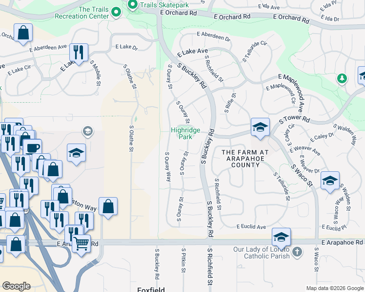 map of restaurants, bars, coffee shops, grocery stores, and more near 16801 East Caley Place in Aurora