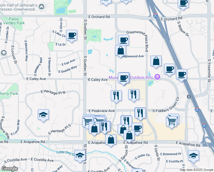 map of restaurants, bars, coffee shops, grocery stores, and more near 7610 East Caley Avenue in Centennial