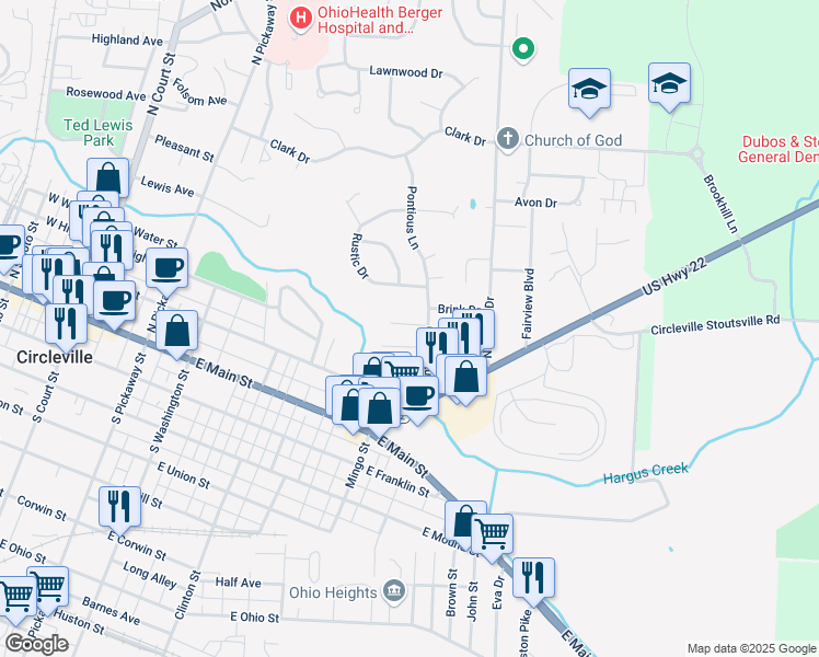map of restaurants, bars, coffee shops, grocery stores, and more near 105 Hayes Court in Circleville
