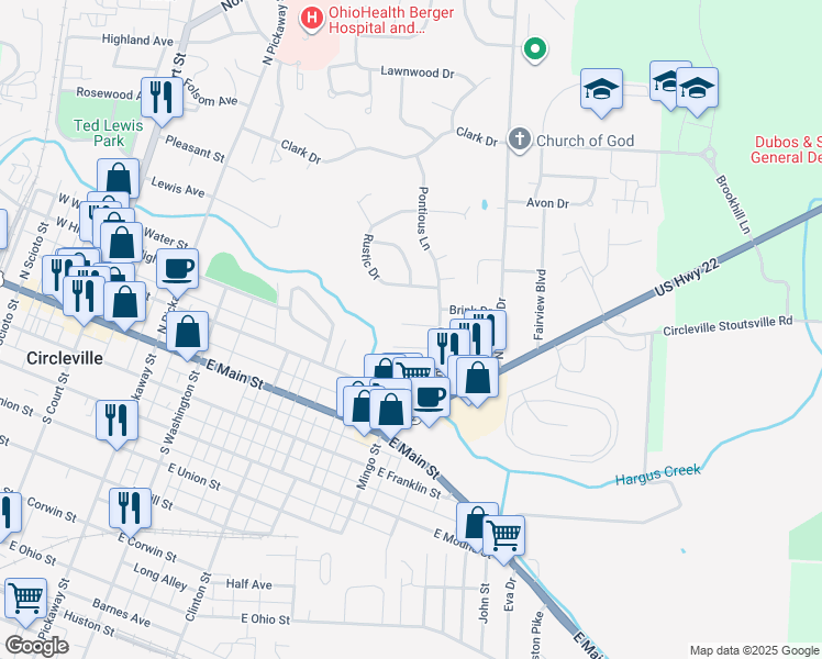 map of restaurants, bars, coffee shops, grocery stores, and more near 105 Hayes Court in Circleville