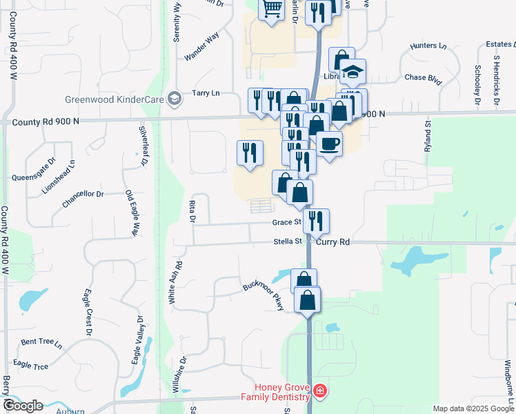 map of restaurants, bars, coffee shops, grocery stores, and more near 994 Indiana 135 in Greenwood