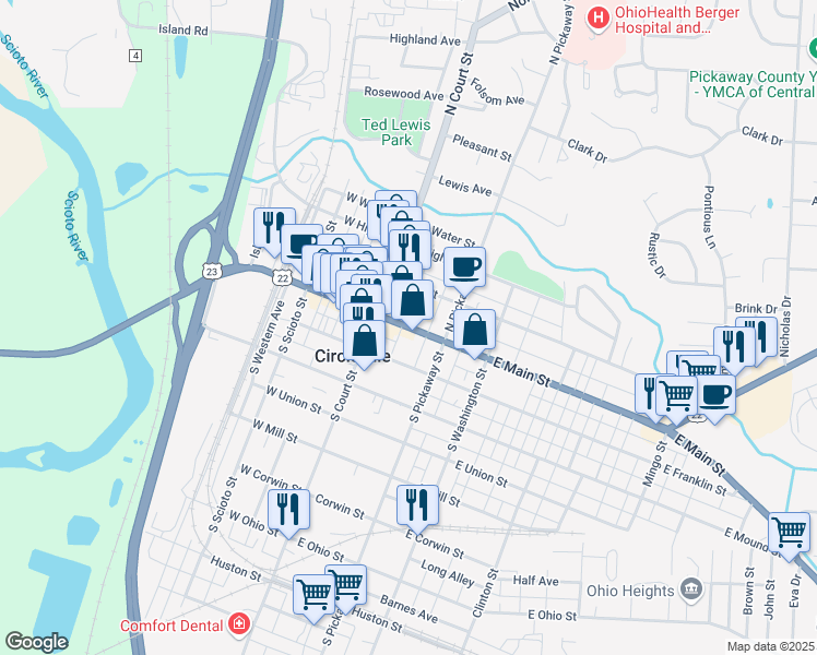 map of restaurants, bars, coffee shops, grocery stores, and more near 135 E Main St in Circleville