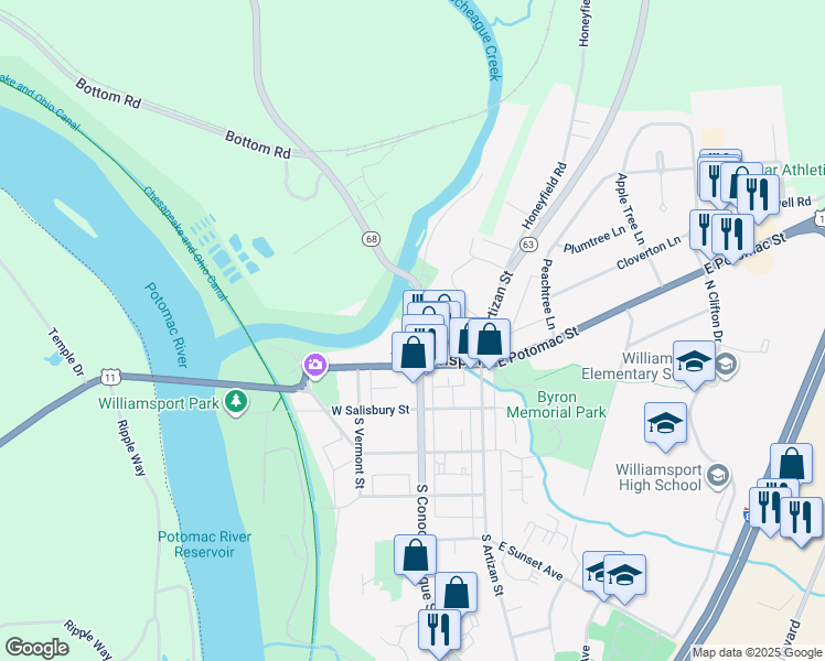 map of restaurants, bars, coffee shops, grocery stores, and more near 130 N Conococheague St in Williamsport
