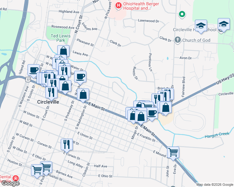 map of restaurants, bars, coffee shops, grocery stores, and more near 409 Ruth Ave in Circleville
