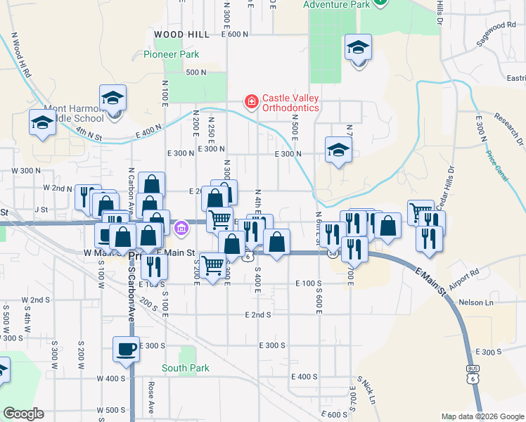 map of restaurants, bars, coffee shops, grocery stores, and more near 126 North 4th East in Price