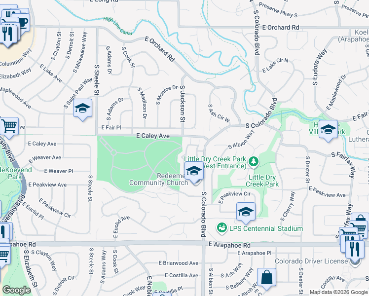 map of restaurants, bars, coffee shops, grocery stores, and more near 6337 South Jackson Street in Centennial