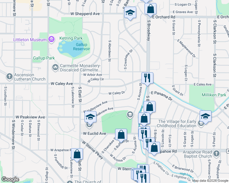map of restaurants, bars, coffee shops, grocery stores, and more near 389 West Caley Drive in Littleton