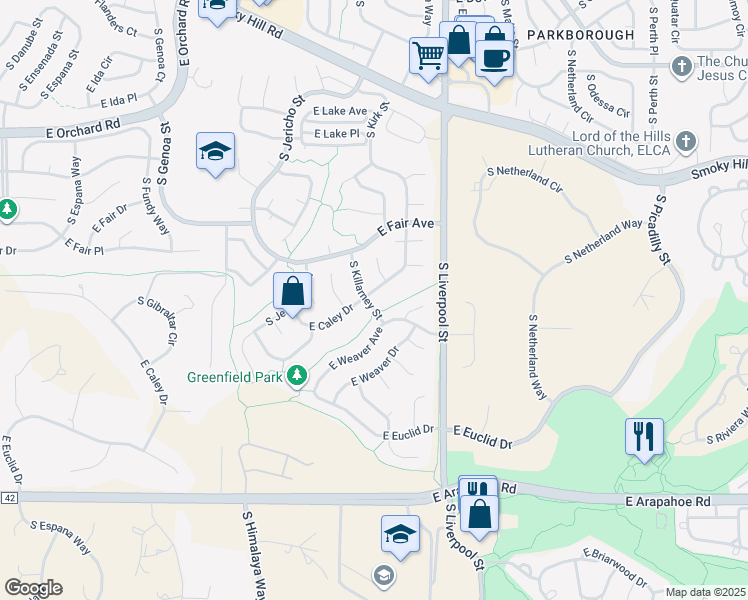map of restaurants, bars, coffee shops, grocery stores, and more near 20602 East Caley Drive in Centennial