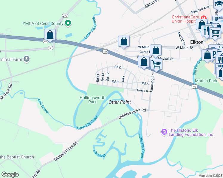 map of restaurants, bars, coffee shops, grocery stores, and more near 407 Cow Lane in Elkton