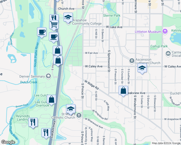 map of restaurants, bars, coffee shops, grocery stores, and more near 2277 West Caley Place in Littleton