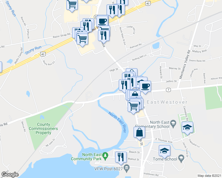 map of restaurants, bars, coffee shops, grocery stores, and more near 5 Washington Street in North East
