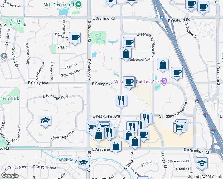map of restaurants, bars, coffee shops, grocery stores, and more near 7610 East Caley Avenue in Centennial