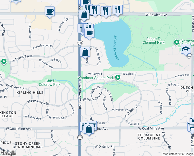 map of restaurants, bars, coffee shops, grocery stores, and more near 8103 West Polk Place in Littleton