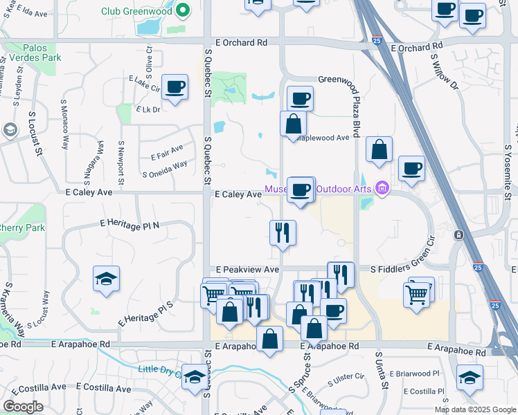 map of restaurants, bars, coffee shops, grocery stores, and more near 7610 East Caley Avenue in Centennial