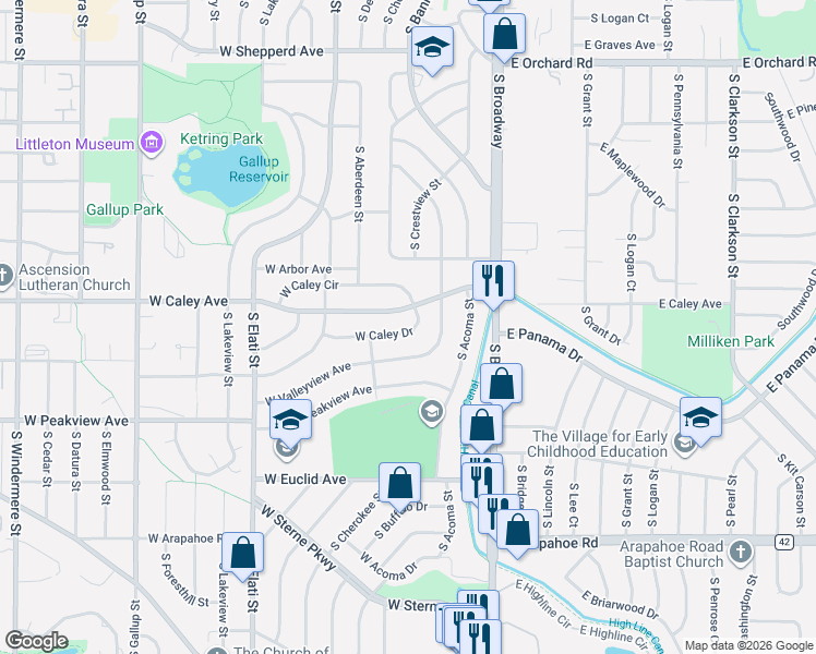 map of restaurants, bars, coffee shops, grocery stores, and more near 320 West Caley Drive in Littleton