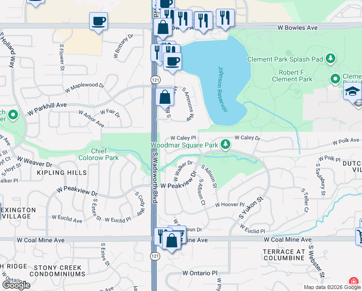 map of restaurants, bars, coffee shops, grocery stores, and more near 8103 West Polk Place in Littleton