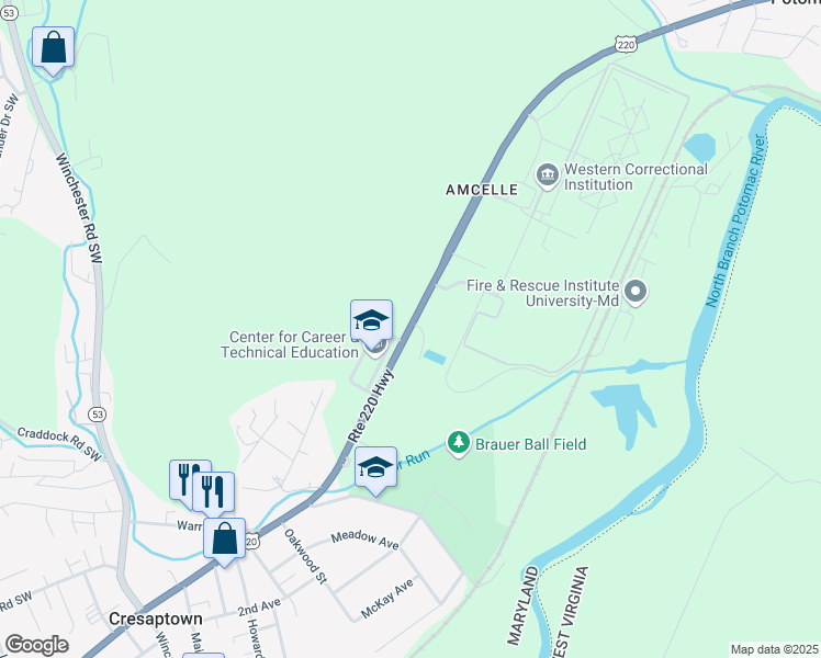 map of restaurants, bars, coffee shops, grocery stores, and more near 14211 McMullen Highway Southwest in Cumberland