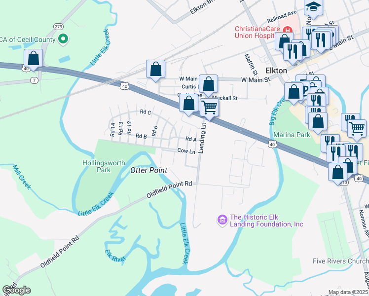 map of restaurants, bars, coffee shops, grocery stores, and more near 43 Hollingsworth Manor in Elkton