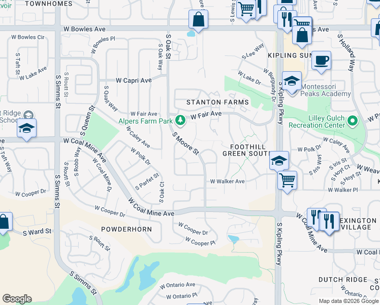 map of restaurants, bars, coffee shops, grocery stores, and more near 6334 South Nelson Way in Littleton