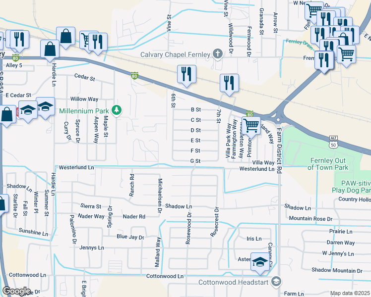 map of restaurants, bars, coffee shops, grocery stores, and more near 770 F Street in Fernley