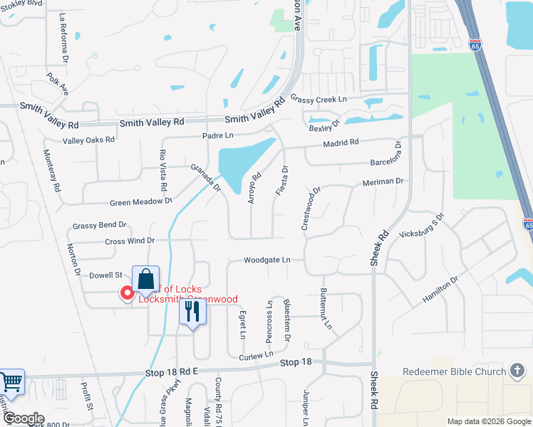 map of restaurants, bars, coffee shops, grocery stores, and more near 1110 Fiesta Drive in Greenwood