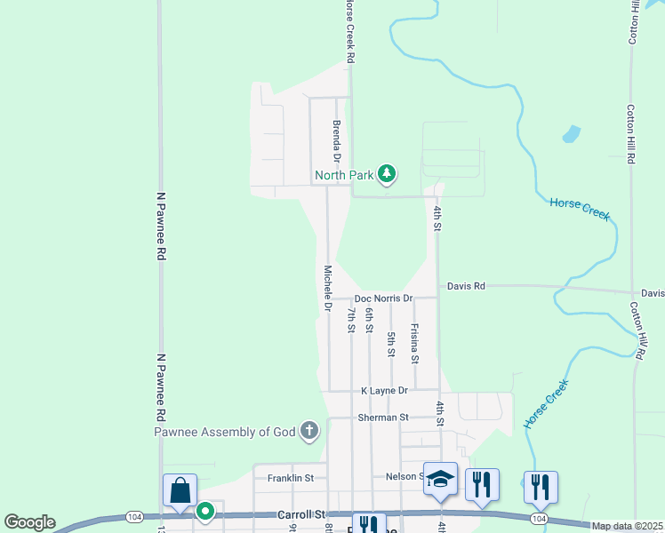 map of restaurants, bars, coffee shops, grocery stores, and more near 80 Michele Drive in Pawnee
