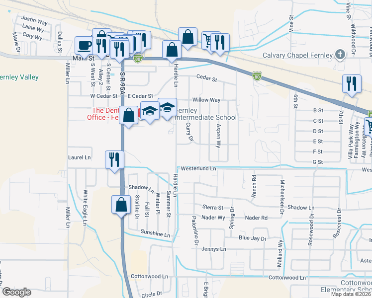 map of restaurants, bars, coffee shops, grocery stores, and more near 345 Dianne Way in Fernley
