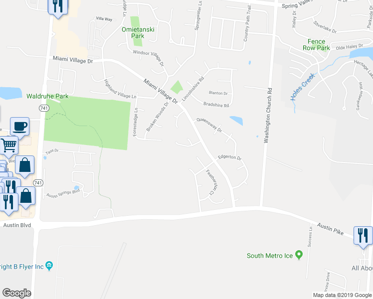 map of restaurants, bars, coffee shops, grocery stores, and more near 2282 Villagewood Court in Miamisburg