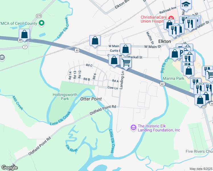 map of restaurants, bars, coffee shops, grocery stores, and more near 68 Hollingsworth Manor in Elkton