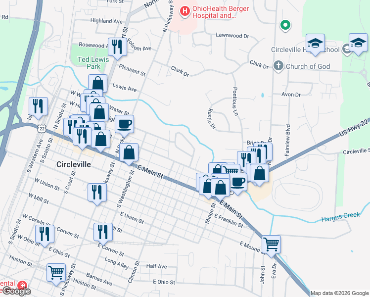 map of restaurants, bars, coffee shops, grocery stores, and more near 409 Ruth Avenue in Circleville