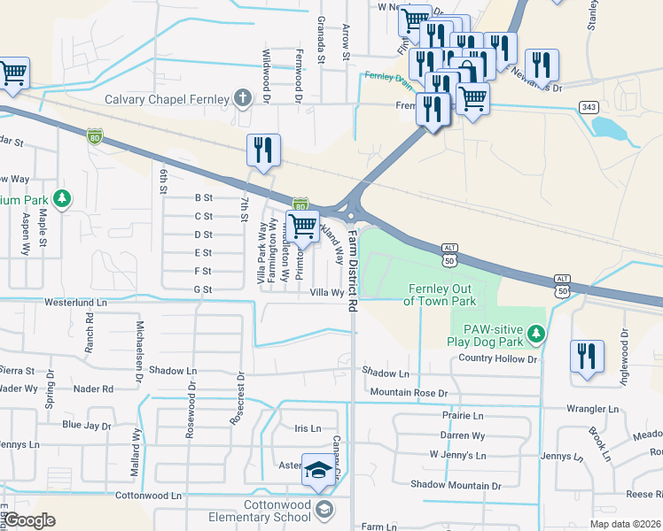 map of restaurants, bars, coffee shops, grocery stores, and more near 380 Parkland Way in Fernley
