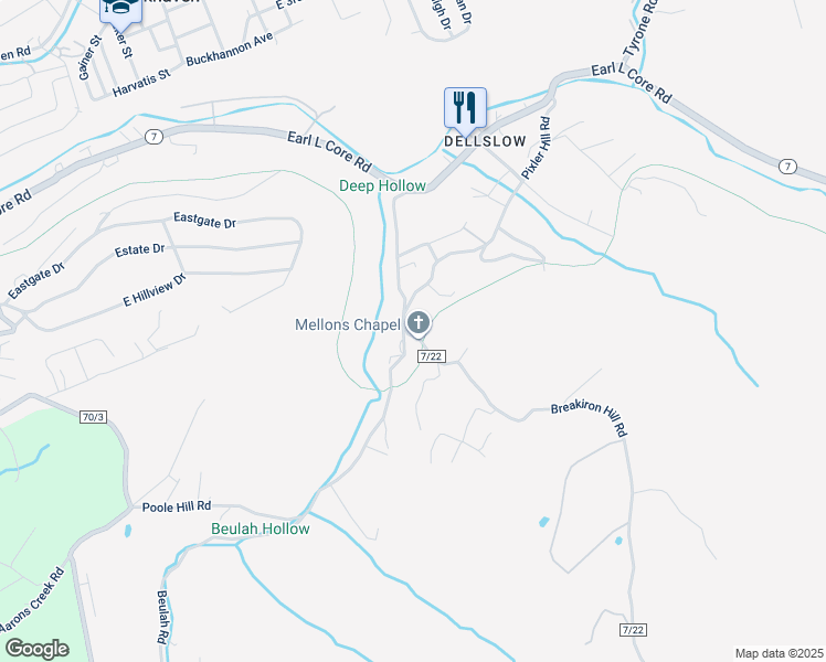 map of restaurants, bars, coffee shops, grocery stores, and more near 11 Breakiron Hill Road in Morgantown
