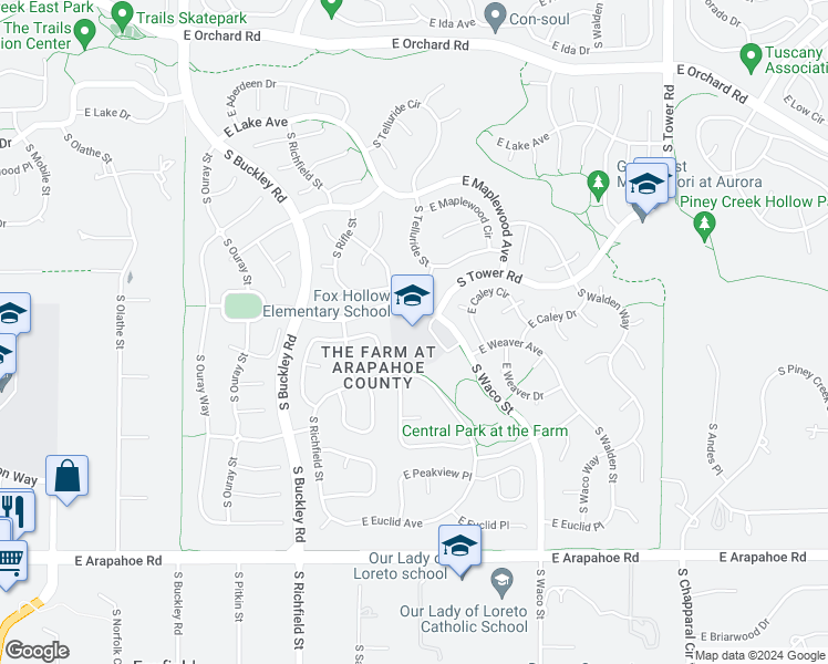 map of restaurants, bars, coffee shops, grocery stores, and more near 6363 South Waco Street in Aurora