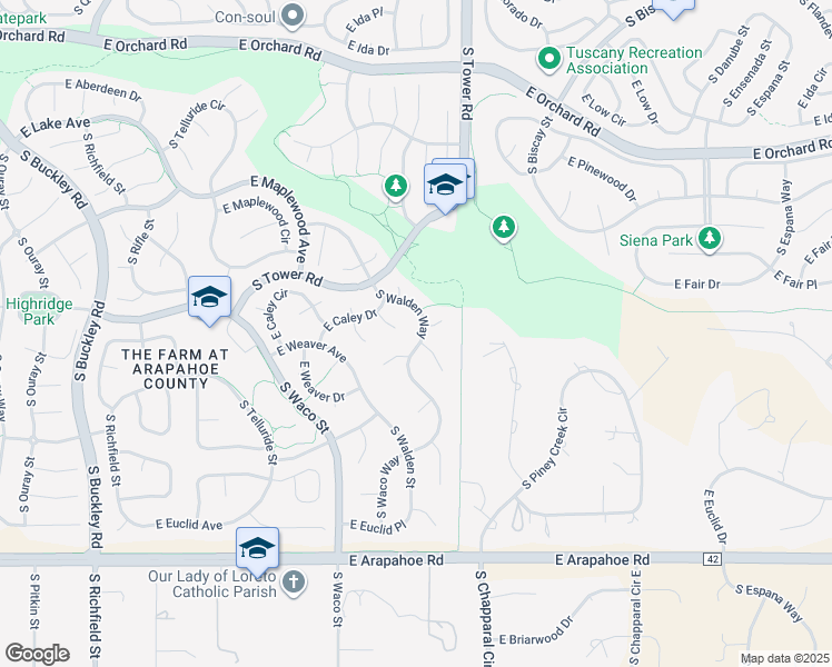 map of restaurants, bars, coffee shops, grocery stores, and more near 6409 South Walden Way in Aurora