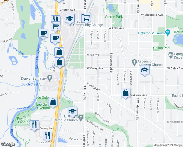 map of restaurants, bars, coffee shops, grocery stores, and more near 2277 West Caley Place in Littleton