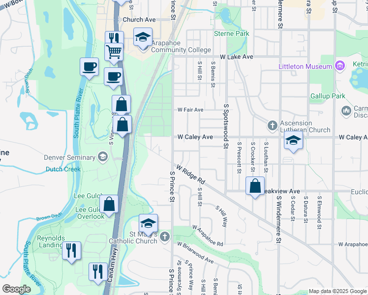 map of restaurants, bars, coffee shops, grocery stores, and more near 2277 West Caley Place in Littleton