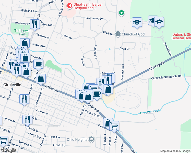 map of restaurants, bars, coffee shops, grocery stores, and more near 105 Hayes Court in Circleville