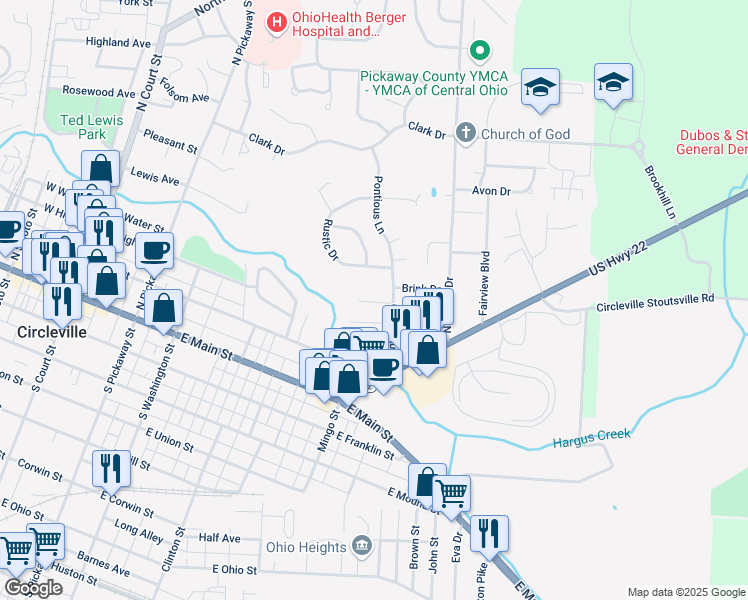 map of restaurants, bars, coffee shops, grocery stores, and more near 105 Hayes Court in Circleville