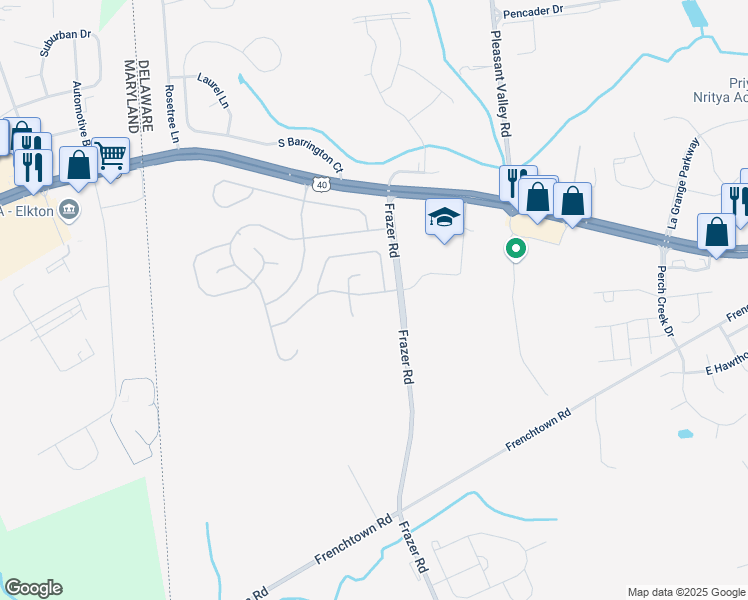 map of restaurants, bars, coffee shops, grocery stores, and more near 9 Montceau Drive in Newark