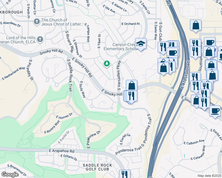 map of restaurants, bars, coffee shops, grocery stores, and more near 6377 South Valdai Court in Aurora