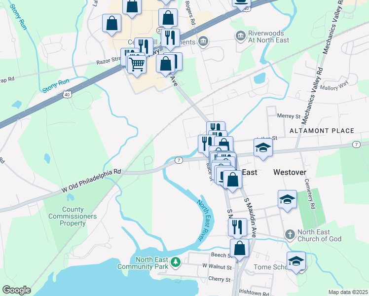 map of restaurants, bars, coffee shops, grocery stores, and more near 5 Washington Street in North East