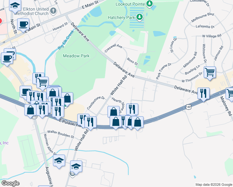 map of restaurants, bars, coffee shops, grocery stores, and more near 111 White Hall Road in Elkton