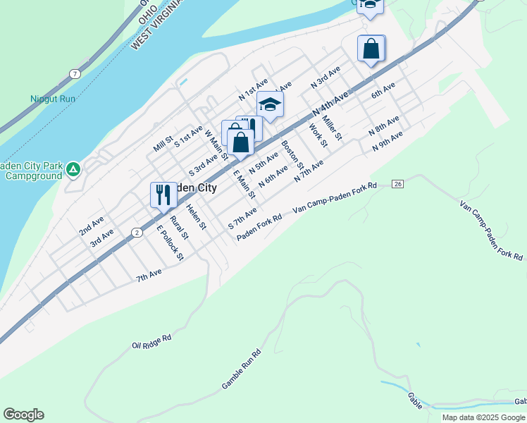 map of restaurants, bars, coffee shops, grocery stores, and more near 417 East Main Street in Paden City