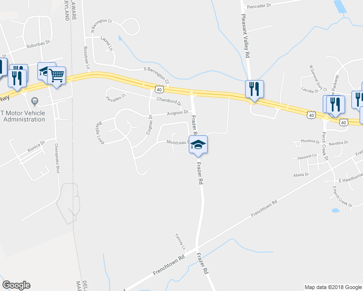 map of restaurants, bars, coffee shops, grocery stores, and more near 9 Montceau Drive in Newark