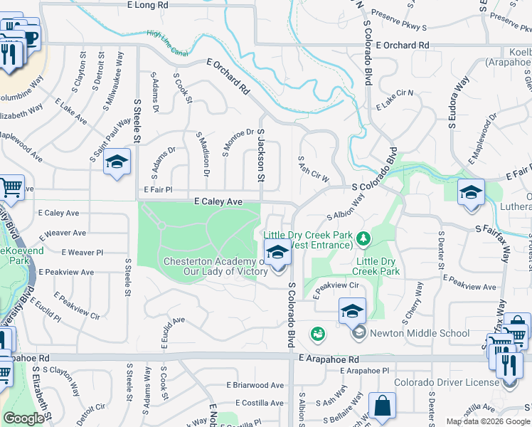map of restaurants, bars, coffee shops, grocery stores, and more near 6337 South Jackson Street in Centennial