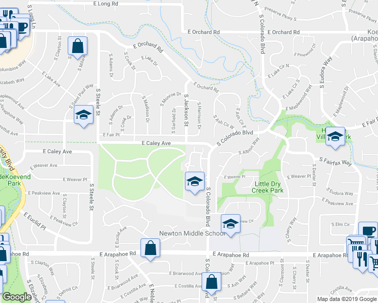 map of restaurants, bars, coffee shops, grocery stores, and more near 6337 South Jackson Street in Centennial