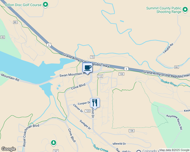 map of restaurants, bars, coffee shops, grocery stores, and more near 88 Stag Trail in Dillon